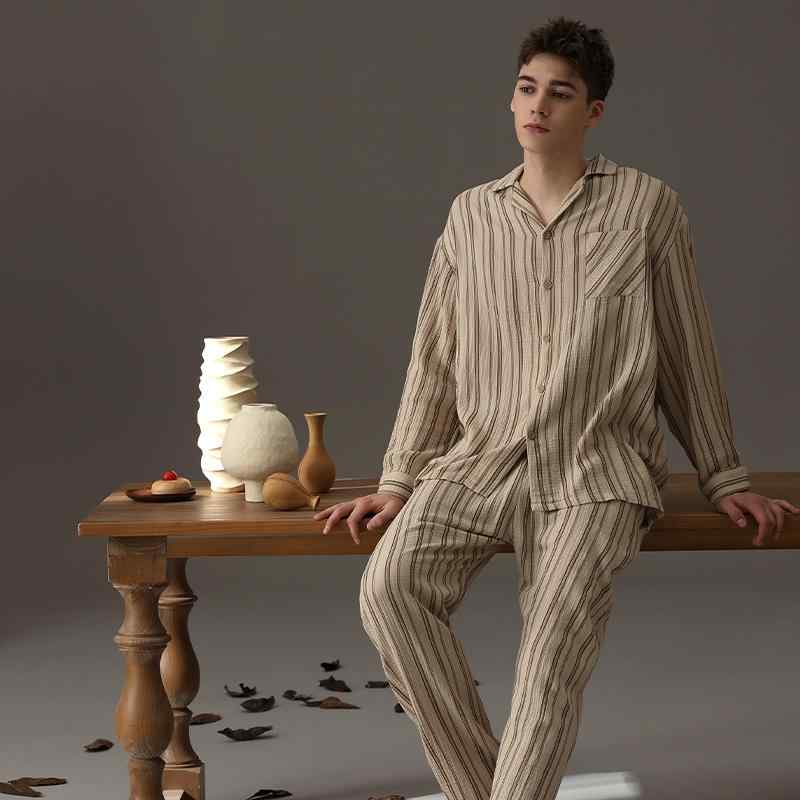 ルームウェア メンズ 上下 セットアップ 長袖 柔らかい パジャマ 綿 ガーゼ 春秋 ストライプ プリント ポケット ウエストゴム ボタン 大きいサイズ レディース カジュアル