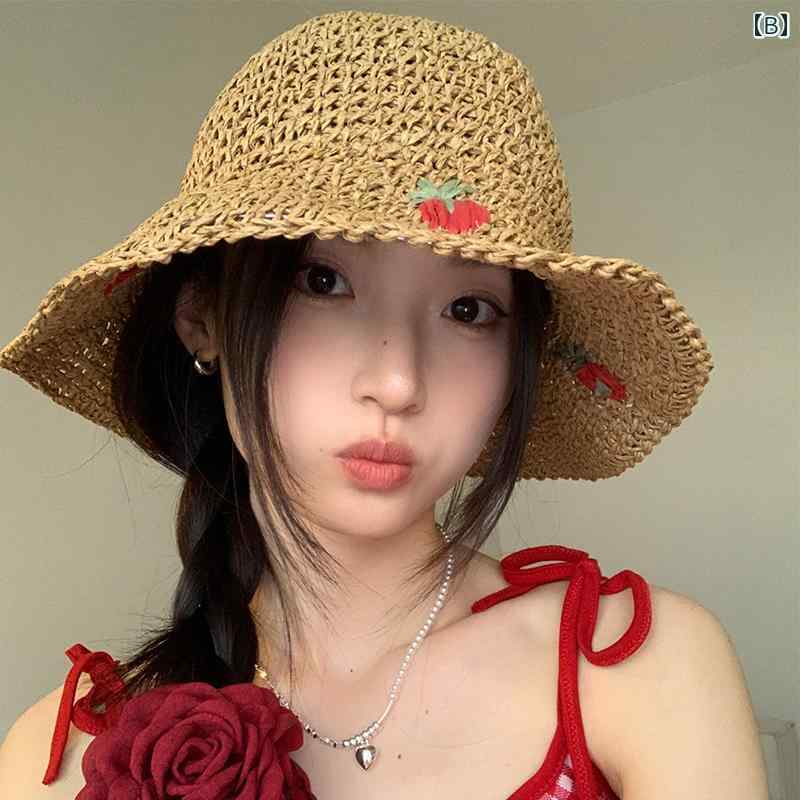 麦わら帽子 レディース 春夏 かわいい 日焼け防止 ビーチ 旅行 女性用 韓国 カジュアル 日よけ 通気性 いちご 装飾 調整可能 普段使い レジャー お出かけ ベージュ 茶色