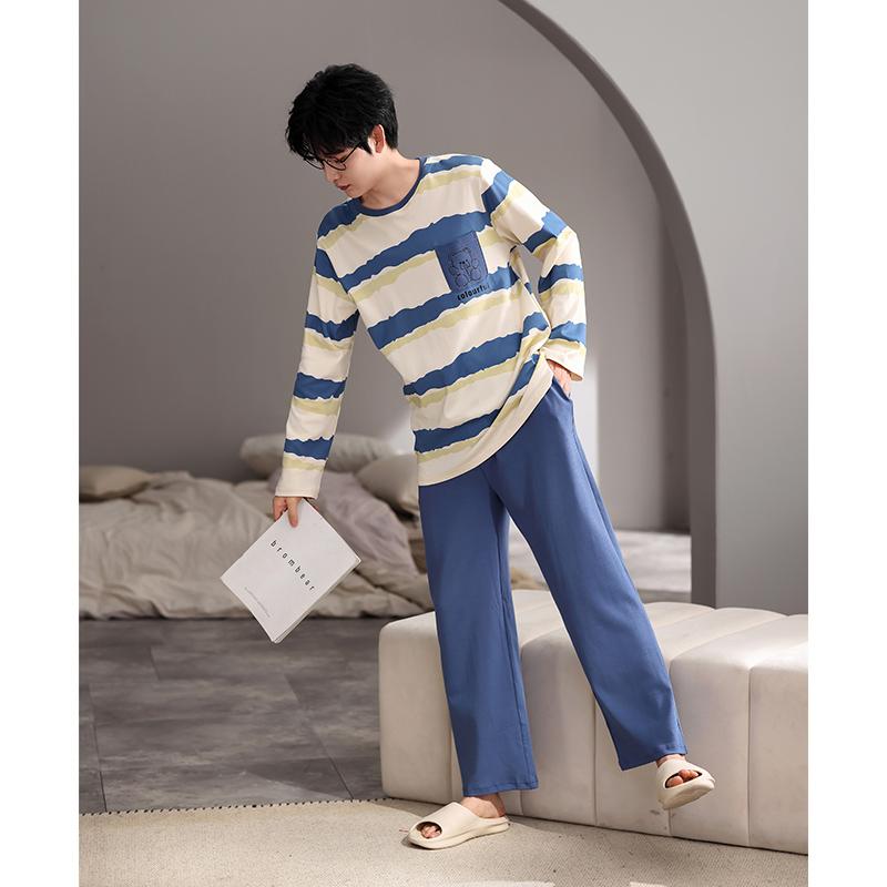 ルームウェア メンズ 上下 セットアップ 長袖 柔らかい 春秋 綿 パジャマ ラウンドネック ウエストゴム くま ポケット ストライプ プリント 大きいサイズ かわいい レディース