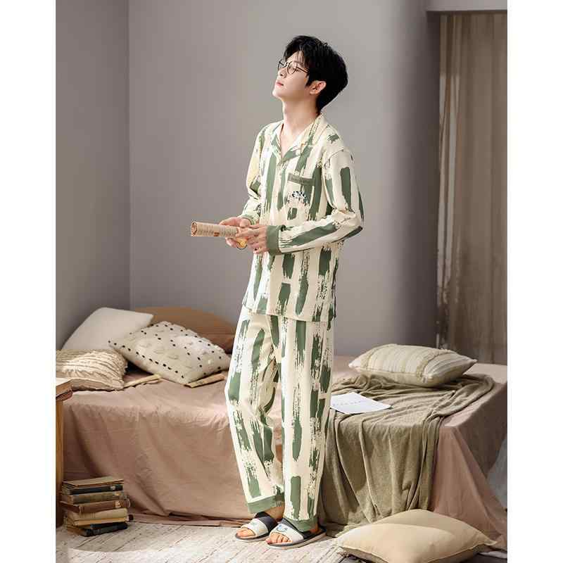 ルームウェア メンズ 上下 セットアップ 長袖 柔らかい 春秋 綿 パジャマ 通気性 犬 英字 プリント ウエストゴム ポケット ボタン かわいい カジュアル 大きいサイズ レディース