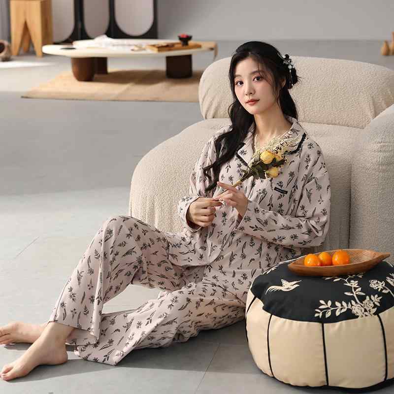 パジャマ レディース おしゃれ セットアップ 上下 大きいサイズ コットン 前開き 長袖 長ズボン ボタン ウエストゴム ポケット 開襟 胸パッド 薄手 ルームウェア 部屋着 寝巻き 春秋 リラックス ゆったり 柔らかい 快適 シンプル 花 葉 プリント(4.0)