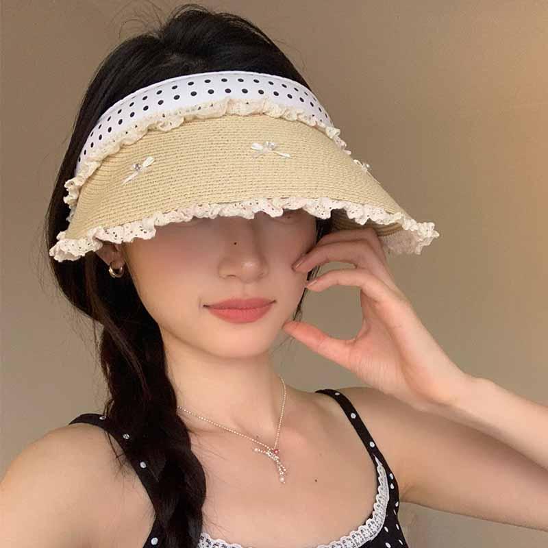 サンバイザー 麦わら レディース 春夏 かわいい 日焼け防止 レース リボン 装飾 ドット柄 女性用 ガーリー 韓国 旅行 調整可能 カジュアル 普段使い お出かけ レジャー カーキ