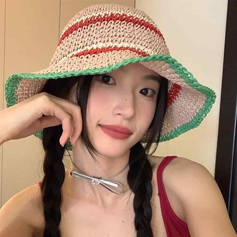 麦わら帽子 レディース 春夏 かわいい 日焼け防止 ストライプ カラフル 女性用 ビーチ 休暇 日よけ つば広 調整可能 小顔効果 カジュアル 普段使い お出かけ レジャー ピンク ベージュ
