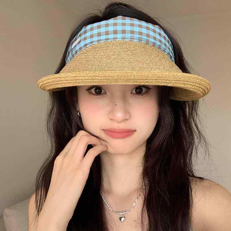 サンバイザー レディース 春夏 かわいい 日焼け防止 女性用 ラフィア 旅行 つば広 小顔効果 日よけ ビーチ ワンポイント 英字 装飾 普段使い お出かけ レジャー チェック柄 カーキ 青 ピンク