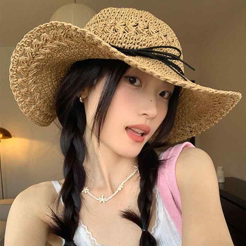 麦わら帽子 レディース 春夏 かわいい 模様編み 日焼け防止 紐 蝶々結び つば広 女性用 ビーチ 休暇 日..
