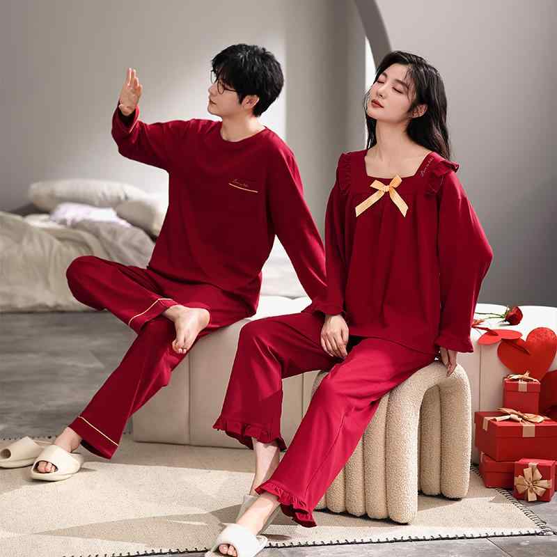 パジャマ レディース メンズ ペア おしゃれ セットアップ 上下 大きいサイズ コットン 長袖 長ズボン ウエストゴム プルオーバー ランド スクエアネック ルームウェア 部屋着 寝巻き 春秋 リラックス ゆったり 柔らかい フリル リボン 赤