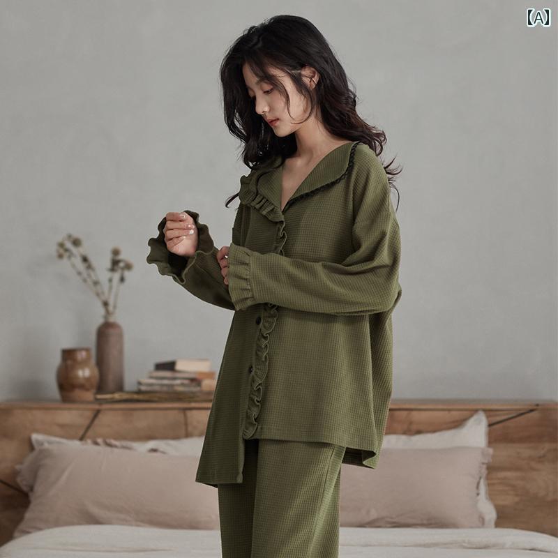 パジャマ レディース かわいい セットアップ 上下 大きいサイズ コットン ワッフル 前開き 長袖 長ズボン ボタン ウエストゴム ポケット 開襟 ルームウェア 部屋着 寝巻き 春秋 リラックス ゆったり 柔らかい 快適 花 蝶 フリル アシンメトリー