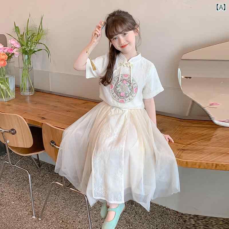 漢服 子供 チャイナ風 スカート 夏 女の子 ワンピース アプリコット セットアップ ベルト リボン フラ..