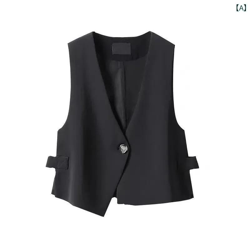 ベスト レディース 春夏 ジレ チョッキ レイヤード 前開き アシンメトリー ショート丈 スリム フィット 大きいサイズ 通気性 保温性 通勤 シンプル オフィス カジュアル おしゃれ 黒