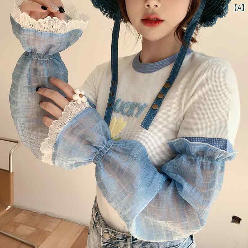 付け袖 妖精 レース 日焼け防止 メッシュ スリーブ 女性 春夏 秋 薄手 通気性 腕 フェイク アームカバー フリル 小物 青 かわいい フリーサイズ