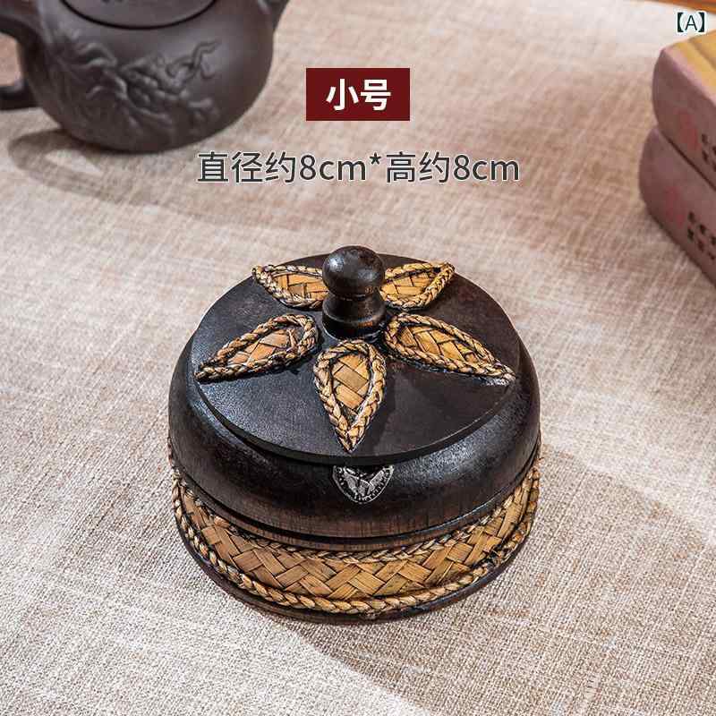 蓋つき 卓上 灰皿 コーヒーテーブル おしゃれ リビングルーム 東南アジア ヴィンテージ風 木製 耐久性 ブリキシート 断熱性 耐火傷 手編み