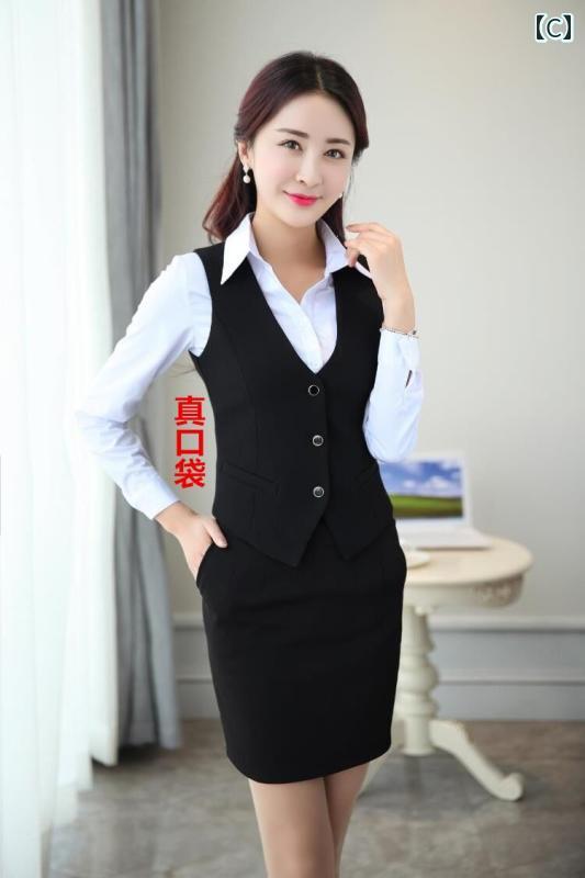 ベスト オフィス レディース 春秋 韓国 ジレ チョッキ 前開き パンツ スカート シャツ セットアップ シングルブレスト 通勤 ビジネス 制服 シンプル 黒 赤