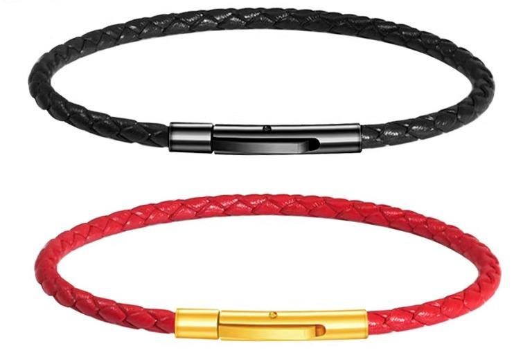 ブレスレット メンズ レザー ロープ 細い ステンレス 留め具 手首 アクセサリー シンプル ユニセックス ビーズ 取付 おしゃれ 黒 赤 茶