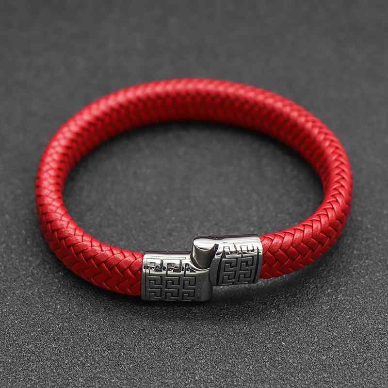 Men'S Accessories - ブレスレット メンズ レザー シンプル 赤 エスニック 編み込み チタン鋼 柄 バックル 手首 アクセサリー ユニセックス カップル おしゃれ