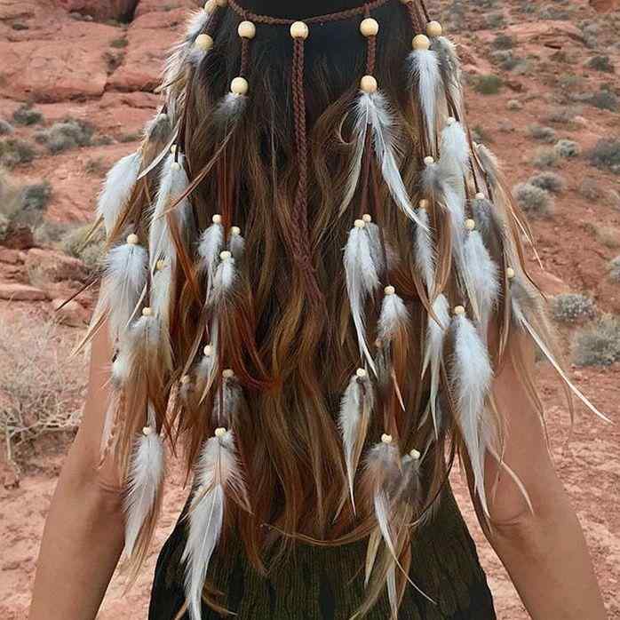 ボヘミアン ヘアアクセ ロング フェザー ヘッドバンド カチューシャ アクセサリー エスニック レトロ 民族 紐 白 黒 青 アジアン 衣装 ダンス レディース