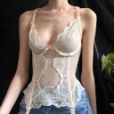 Vネック レース キャミソール レディース トップス ブラジャー コルセット風 下着 リボン スリム フィット フレンチ セクシー おしゃれ 白(4)
