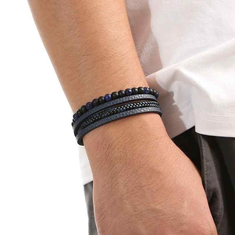Other , Materials - ブレスレット メンズ レザー 細い 編み込み タイガーアイ ビーズ 合金 多層 手首 アクセサリー シンプル おしゃれ 上品 カジュアル 黒 茶 青
