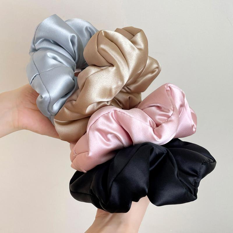 シュシュ かわいい レディース 韓国 サテン 中綿 もこもこ ソフト ストレッチ 大きめ 睡眠 巻き髪 ヘアゴム アクセサリー 大人 シンプル 無地 グレー カ...