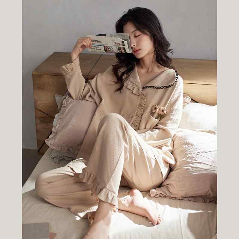 パジャマ レディース 春 綿 長袖 秋 カジュアル ワッフル ルームウェア 上下セット フリル ズボン ウエ..