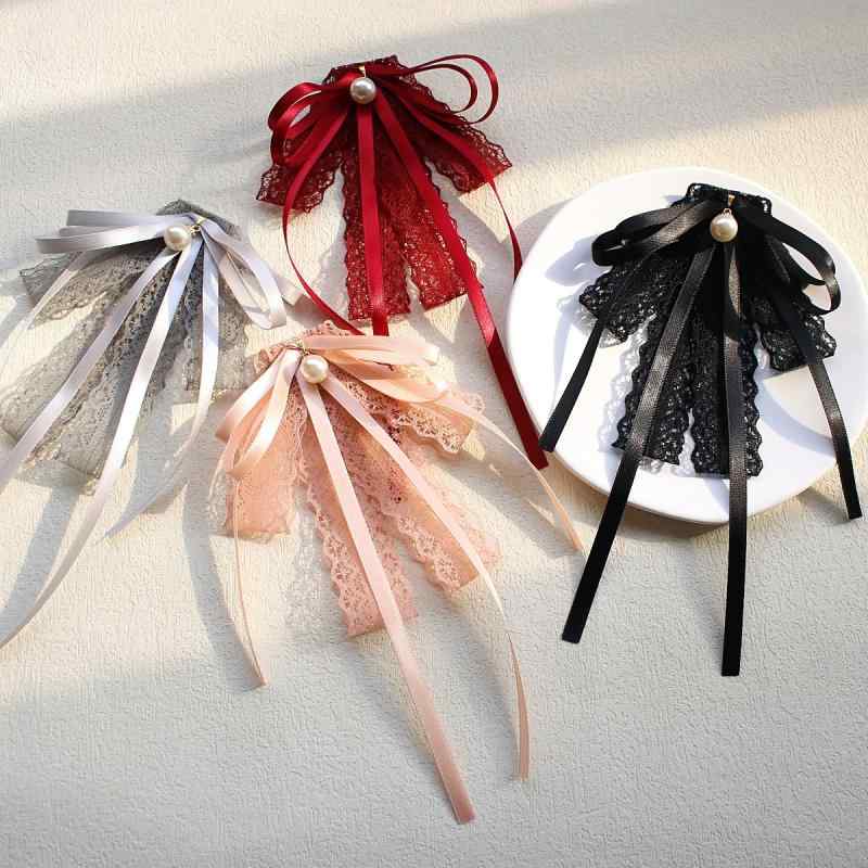 リボンタイ ブローチ レディース 蝶ネクタイ レース アクセサリー オフィス ドレス用 韓国 ポリエステル 黒 ピンク 赤 コサージュ バックピン
