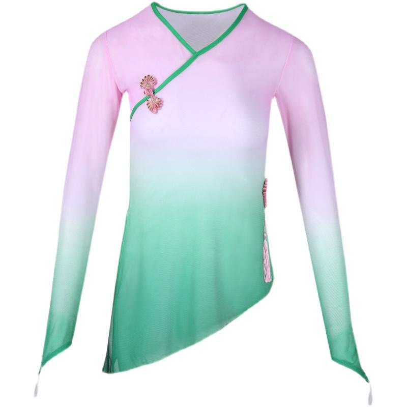 ダンス 練習着 レディース クラシック パフォーマンス 服 エレガント 長袖 ゆったり 指付き袖 グラデーション 衣装 大きいサイズ ピンク 緑