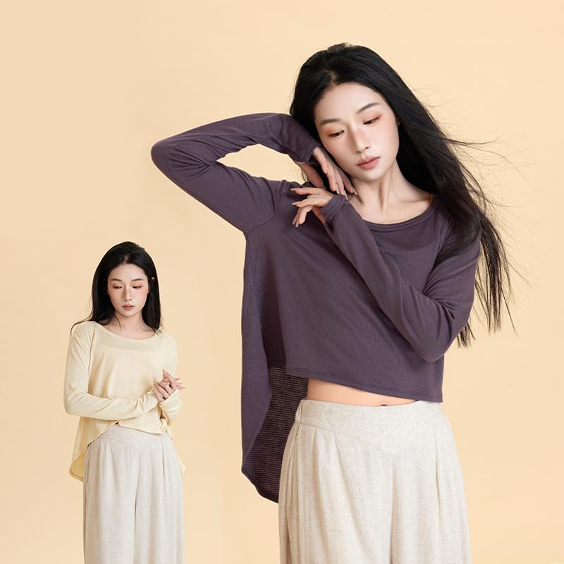 ダンス 練習着 レディース 花 服 長袖 前短後長 普段着 トップス 大きめ ネックライン 袖指 ドロップショルダー 柔らか 通気性 弾力性 黒 アプリコット