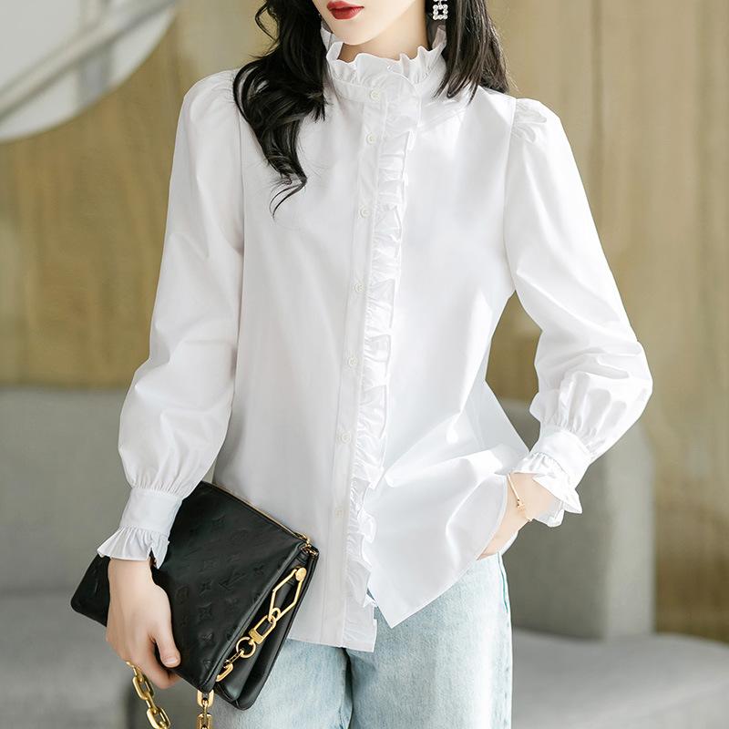 Long-Sleeved - スタンドカラーシャツ レディース 長袖 白 綿 ビジネス 春秋 フリル 大きいサイズ 柔らかい フレンチ きれいめ ボタン OL ジーンズ スカート