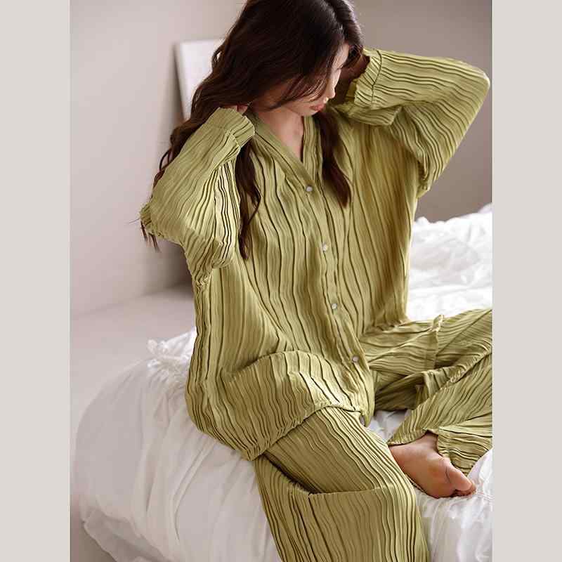 パジャマ レディース 長袖 前開き 春秋 上下セット Vネック ボタン ロングパンツ ウエストゴム ゆった..