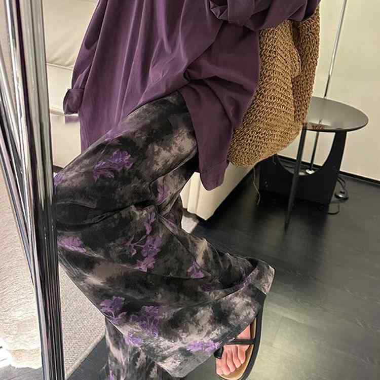 カジュアルパンツ メンズ 秋冬 中国風 ボトムス ロング丈 ワイドレッグ 大きいサイズ ゆったり 個性的 モード スタイリッシュ おしゃれ 紫 花柄