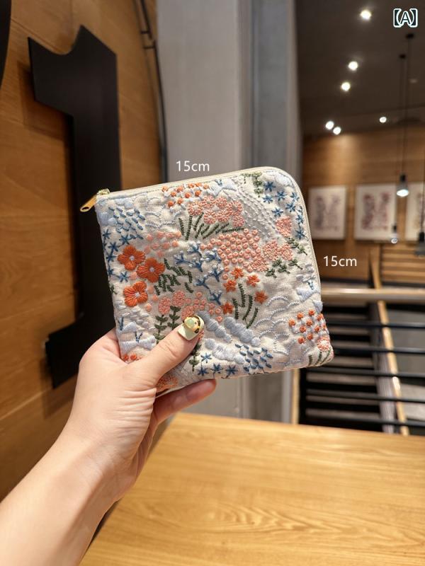 ポーチ 花柄 母の日 プレゼント 実用的 刺繍 綿 麻 L字 ファスナー 化粧品 カード コインケース イヤホン 収納 正方形 動物 蝶