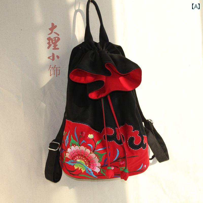 リュック レディース 刺繍 エスニック チャイナ風 巾着 赤 青 キャンバス ファスナー タッセル ポリエステル 綿 おでかけ 柔らかい 普段使い レトロ 2