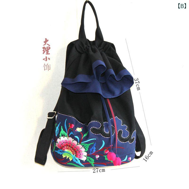 リュック レディース 刺繍 エスニック チャイナ風 巾着 赤 青 キャンバス ファスナー タッセル ポリエステル 綿 おでかけ 柔らかい 普段使い レトロ 3
