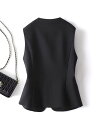 ジレ レディース 秋 ラウンドネック ベスト トップス スリム ノースリーブ ジャケット ポリエステル ショート シングルブレスト 大きいサイズ 黒 ボタン