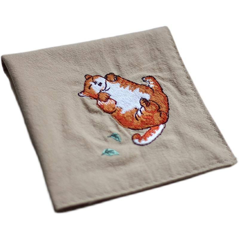 ハンカチ 綿 刺繍 ユニセックス レトロ 正方形 手巾 ハンカチーフ 汗拭き 手ぬぐい シニア マダム 紳士 誕生日 プレゼント シンプル かわいい 紫 ピンク アプリコット ネコ 漢字