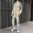 スポーツ メンズ 春秋 三本 サイドライン セットアップ ランニング カジュアル ジャケット ジッパー 伸縮性 長袖 大きいサイズ カーキ 黒 紐付き ポケット