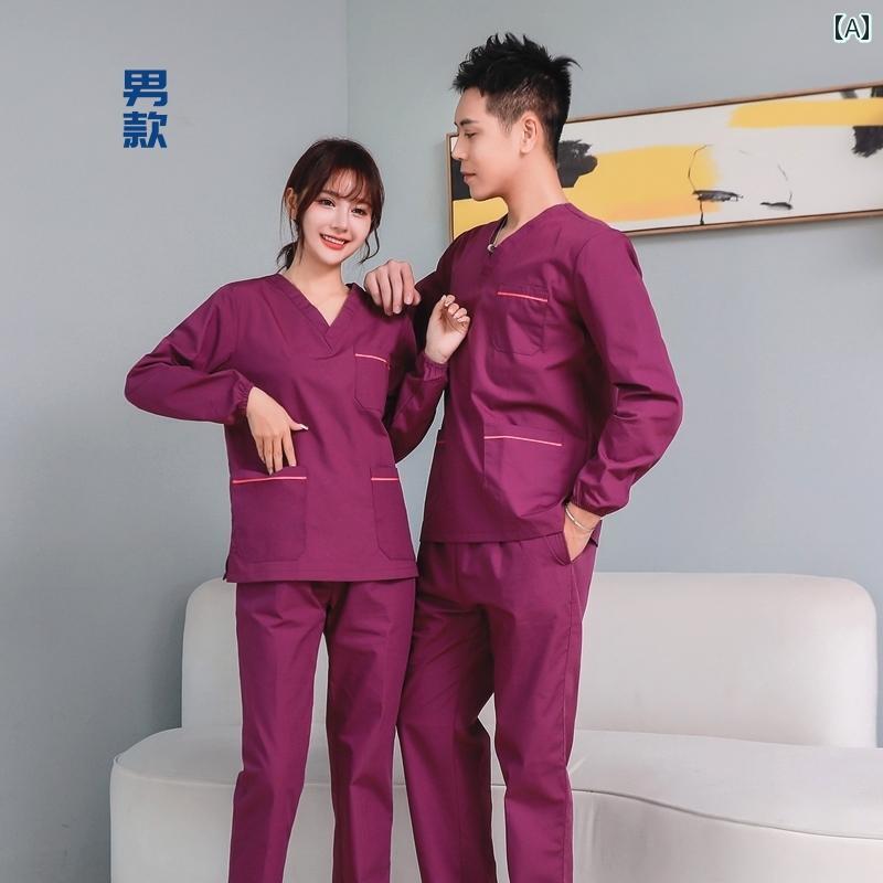 スクラブ 看護師 コスプレ 歯科 秋 半袖 長袖 上下セット 紫 レディース メンズ 毛玉 しわになりにくい 塩素漂白 高温耐性 大きいサイズ 吸湿 ポケット ...