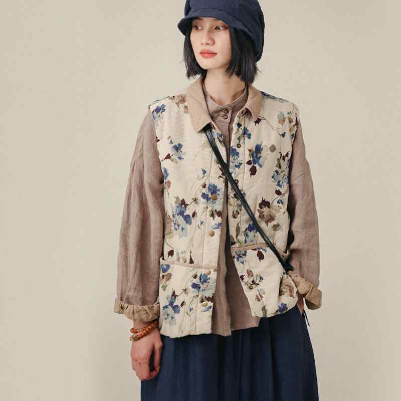 ベスト レディース 冬 暖かい 防寒 綿 コーデュロイ チャイナ風 シングルブレスト ボタン 襟 ポケット カジュアル おしゃれ 花柄