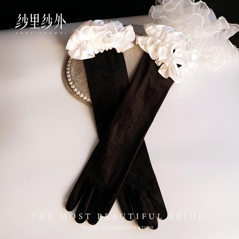 グローブ ウェディング 結婚式 グッズ ブライダル 撮影用小物 手袋 フリル 黒 ロング ショート パーティー レディース シンプル 無地 ビーズ