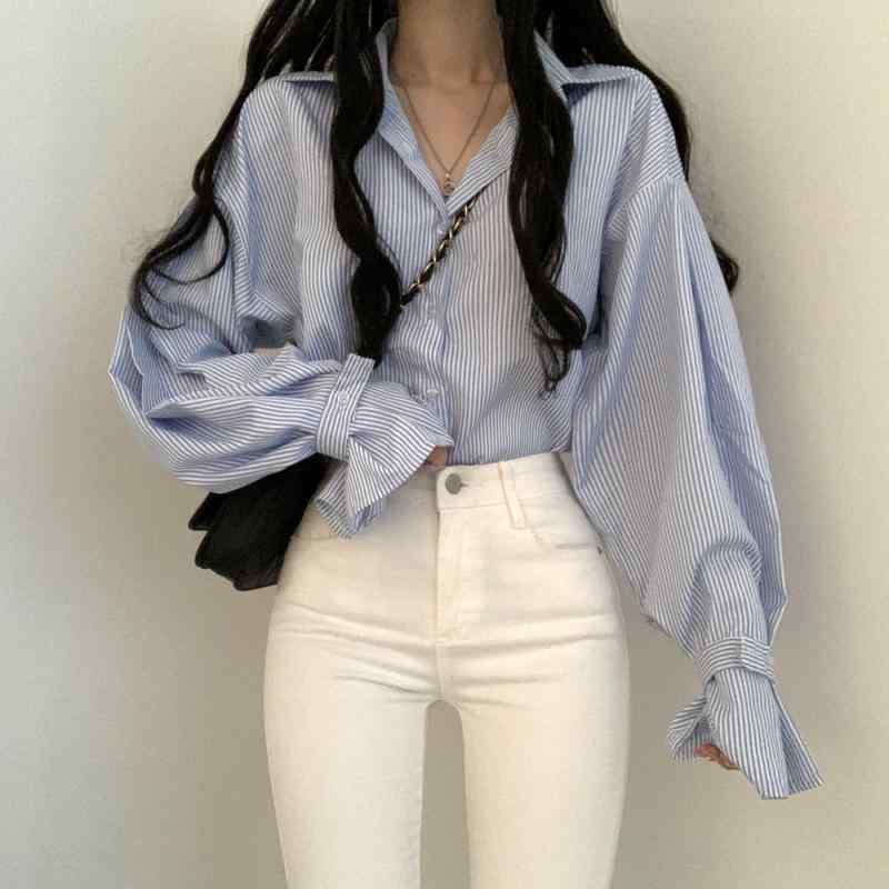 Long-Sleeved - レディース シャツ ブラウス 長袖 春 ストライプ 韓国 ルーズ ベルスリーブ フレンチ シック トップス カジュアル 普段使い 旅行 柔らかい ボタン 青 黒
