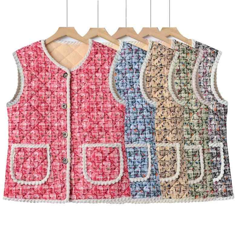 シニア レディース 冬 ベスト シングルブレスト ボタン ポケット ラウンドネック 厚手 暖かい 防寒 裏起毛 大きいサイズ チェック柄 黒 赤 青