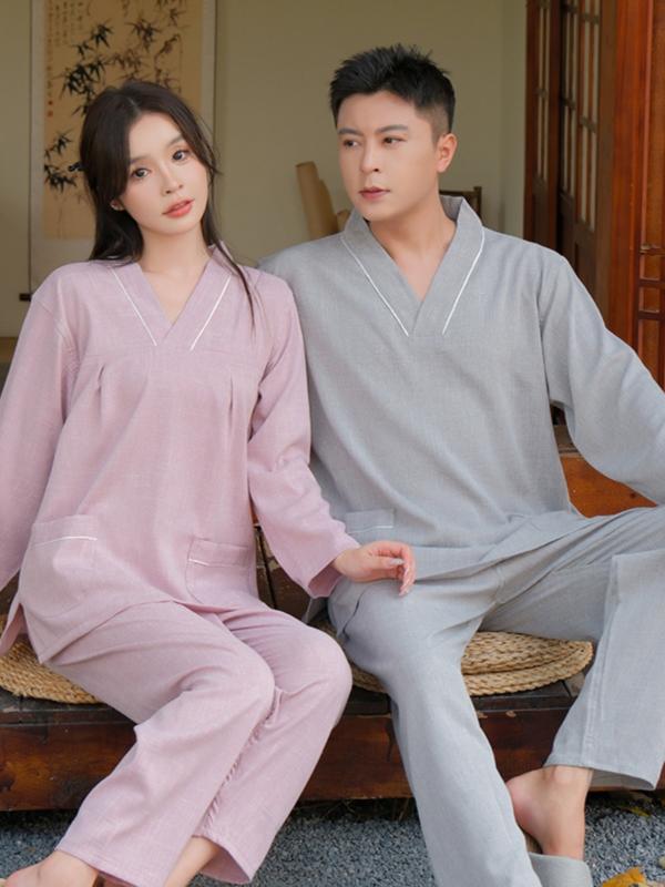 リラクゼーション ウェア セットアップ 長袖 ズボン カップル メンズ レディース ルームウェア パジャマ マッサージ サウナ 厚手 美容 岩盤浴 大きいサイズ Vネック 花 星 柄 ピンク グレー 紫
