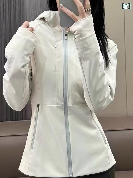 トップス レディース スポーティ 秋冬 ジャケット フード付き ジップアップ 長袖 指穴 ジッパーポケット 吸湿 速乾 通気性 スリム ジム ランニング カジュアル 大きいサイズ 白 黒 青