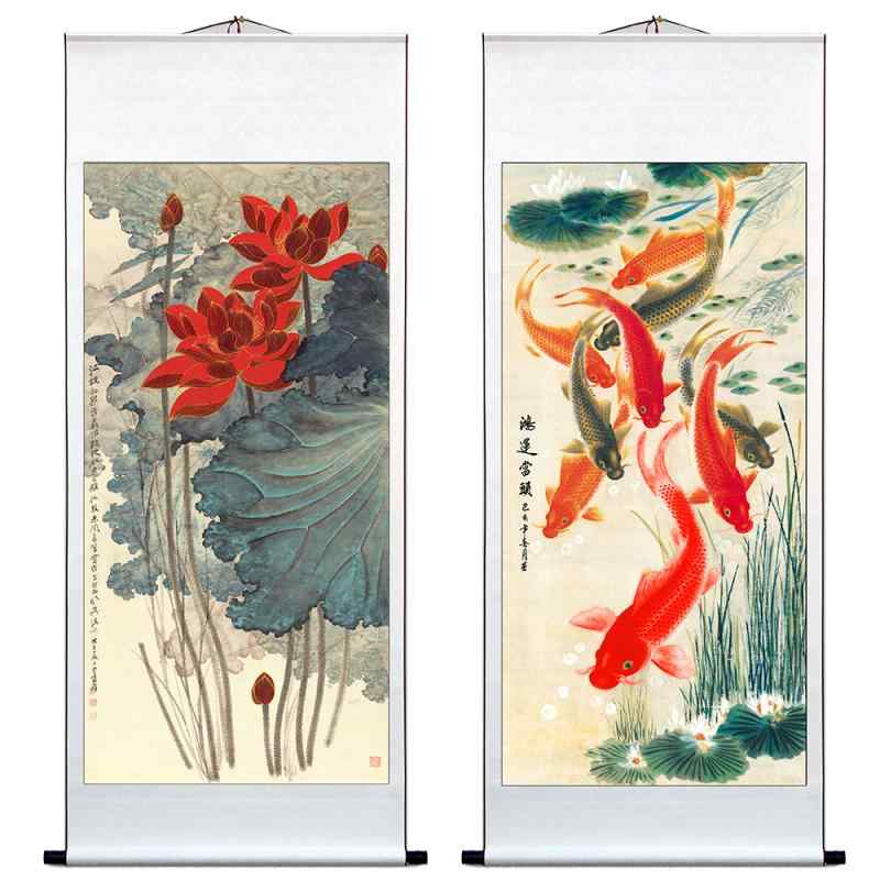 掛け軸 モダン オシャレ 横長 玄関ホール 床の間 水墨 絵画 インテリア チャイナ風 孔雀 牡丹 鯉 画仙紙 エレガント プレゼント 記念日 誕生日