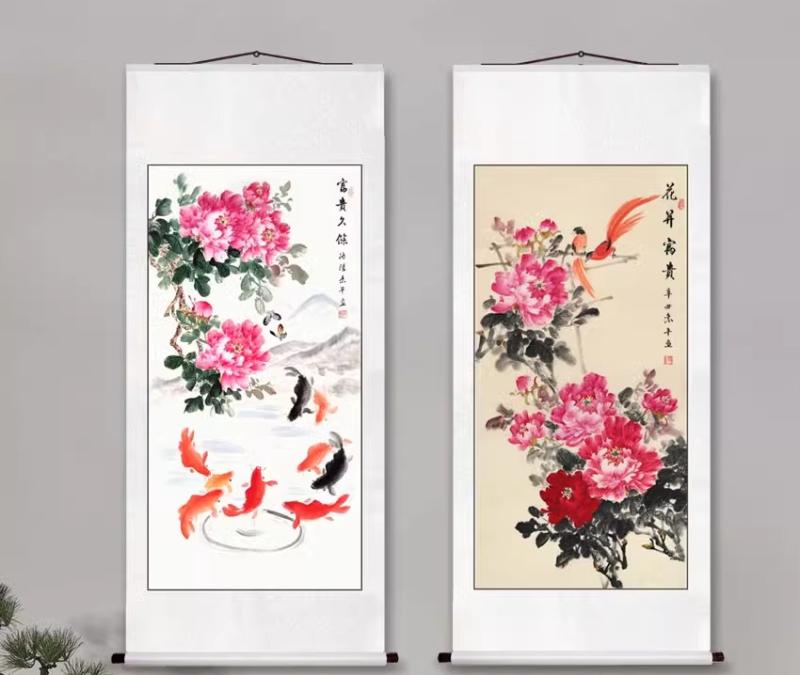 掛け軸 モダン オシャレ 床の間 玄関ホール リビングルーム 絵画 インテリア チャイナ風 牡丹 鳥 魚 画..