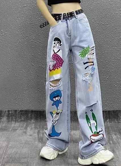 Straight Jeans - デニムパンツ レディース ボトムス 夏 ヨーロピアン ダメージ加工 ハイウエスト ジーンズ ストレート ワイドレッグ ゆったり 個性的 カジュアル おしゃれ 青