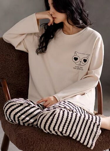 パジャマ レディース 長袖 春秋 ラウンドネック プルオーバー カップ付 ウエストゴム ロング ポケット 綿 ルームウェア 柔らかい 通気性 体型カバー プリント 猫 ボーダー 大きいサイズ