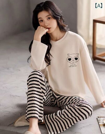 パジャマ レディース 長袖 春秋 ラウンドネック プルオーバー カップ付 ウエストゴム ロング ポケット 綿 ルームウェア 柔らかい 通気性 体型カバー プリント 猫 ボーダー 大きいサイズ
