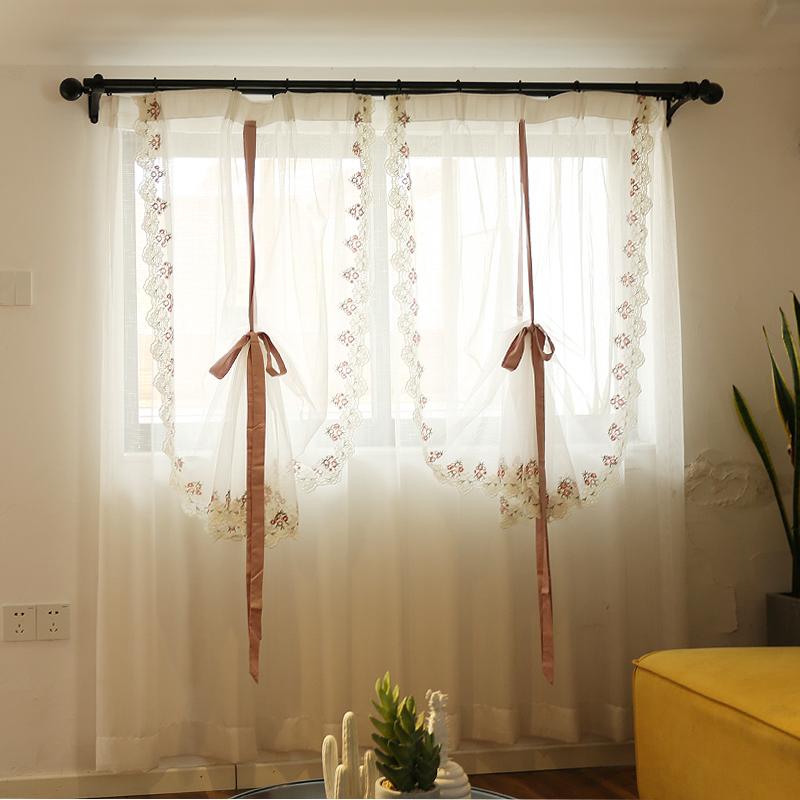 カフェカーテン おしゃれ レース 寝室 キッチン 洗面所 半透明 目隠し 調節可能 りぼん バルーン 花柄 刺繍 フリル 白 間仕切り のれん 小窓 喫茶店