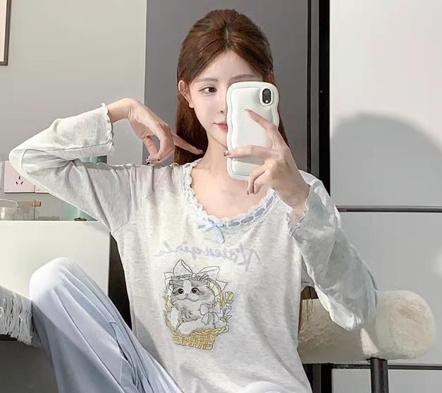 パジャマ レディース 春秋 モダール コットン 長袖 長ズボン 上下セット 胸パッド レース ラウンドネック 猫 かわいい ウエストゴム プルオーバー ルームウェア(4.0)