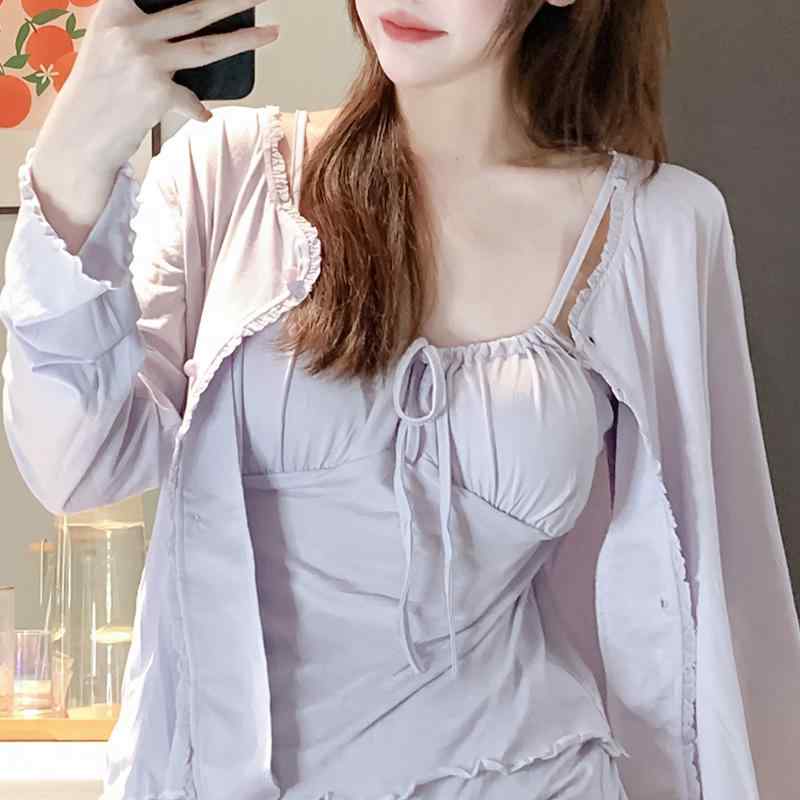 パジャマ レディース 春秋 長袖 長ズボン キャミソール 3点セット モダール素材 ルームウェア 胸パッド..